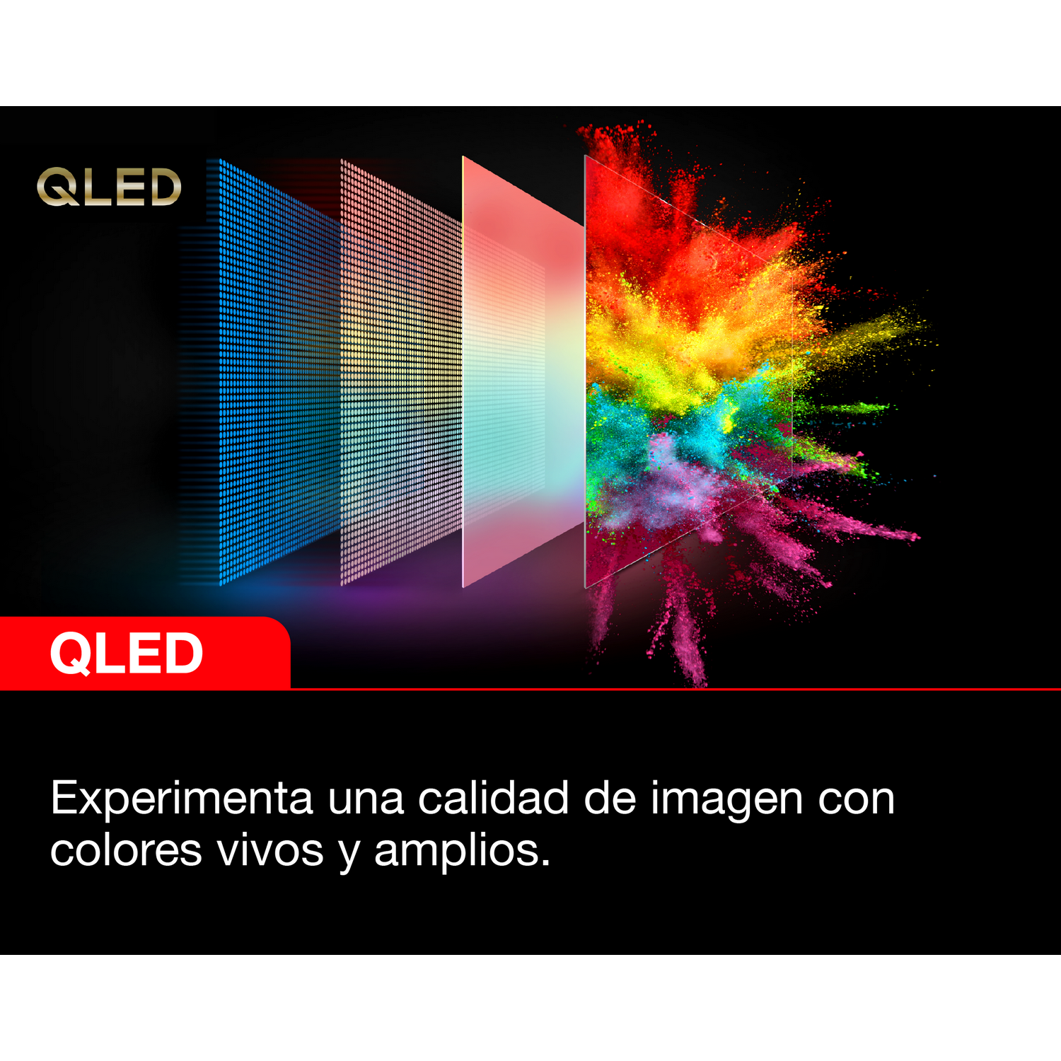 Pantalla de TV QLED mostrando arte abstracto colorido. Logotipo QLED en la esquina superior izquierda.