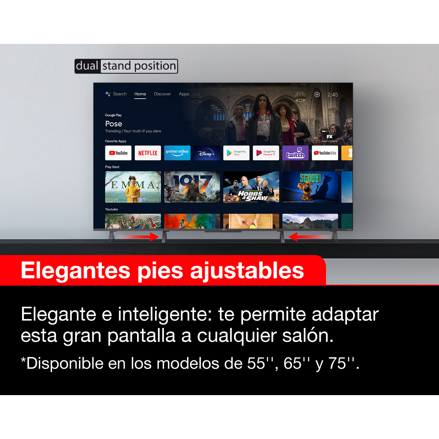 Un televisor que muestra una interfaz de usuario. El texto dice "dual stand position" y "Elegant pies ajustables".