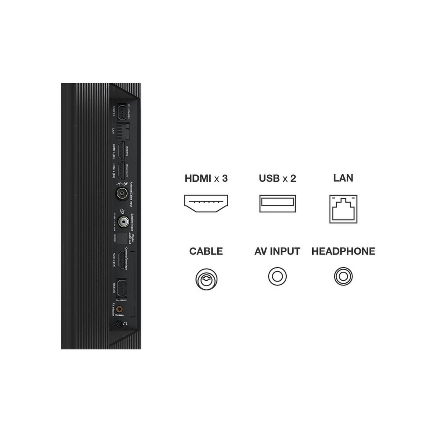 Primer plano de la parte trasera de un televisor negro con varios puertos y etiquetas.