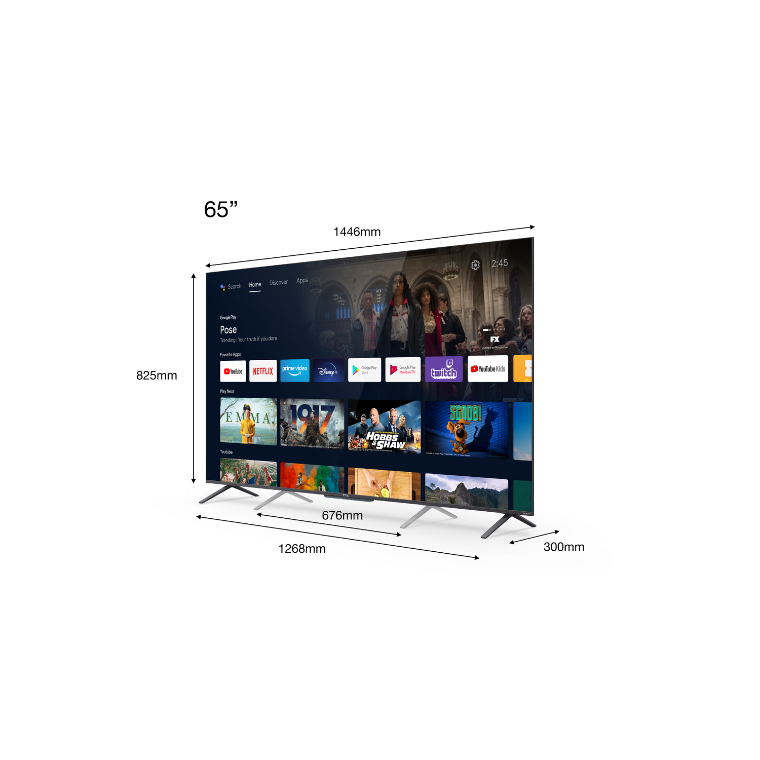 Televisor de 65 pulgadas que muestra una interfaz de servicio de transmisión con varias aplicaciones. La pantalla está sobre un soporte.