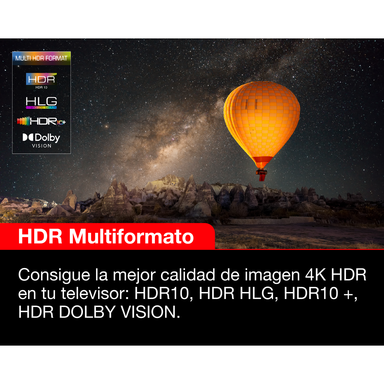 Una imagen de un globo aerostático sobre un paisaje. Texto sobre HDR Multi-formato.