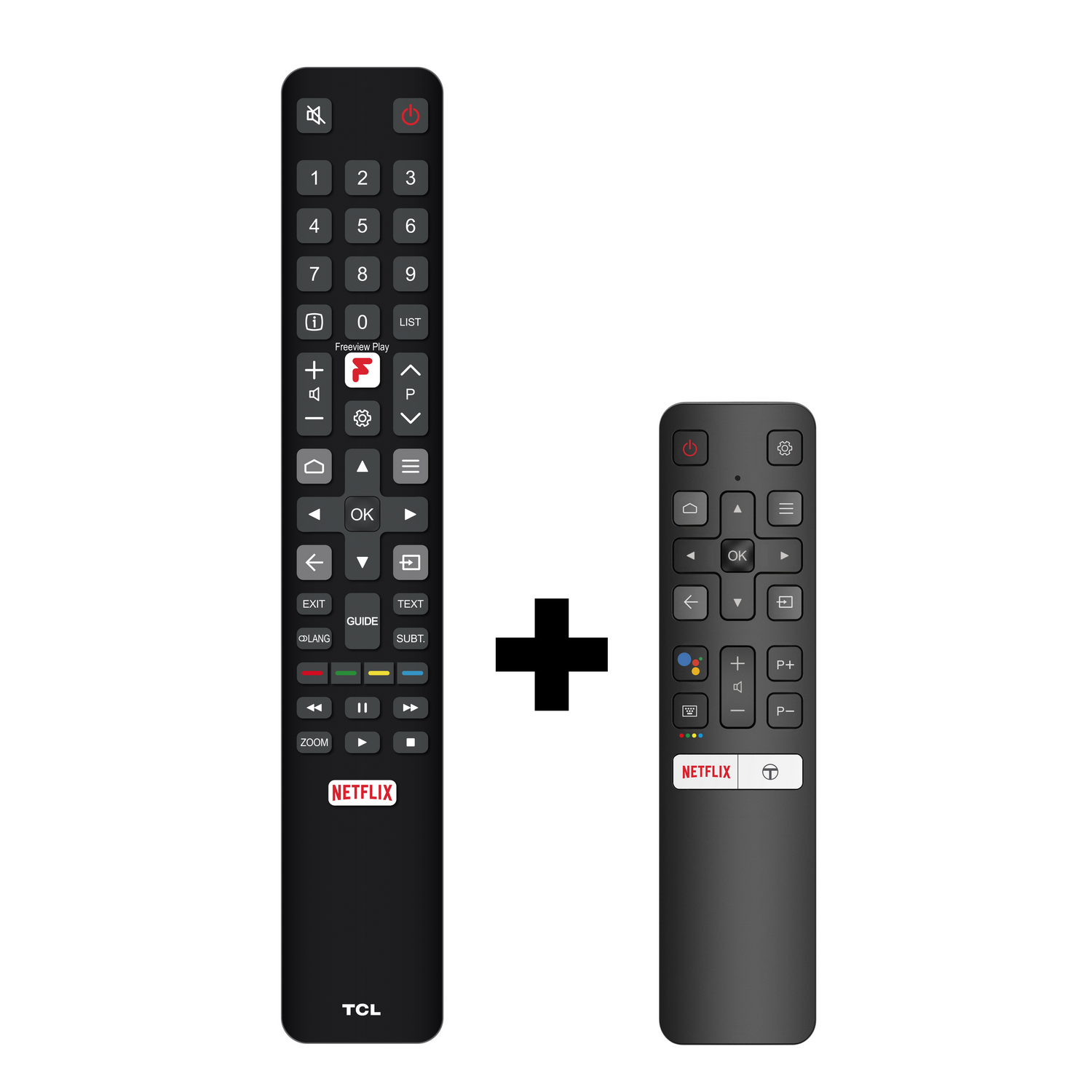 Dos mandos a distancia TCL negros, uno estándar y uno pequeño con botón Netflix.