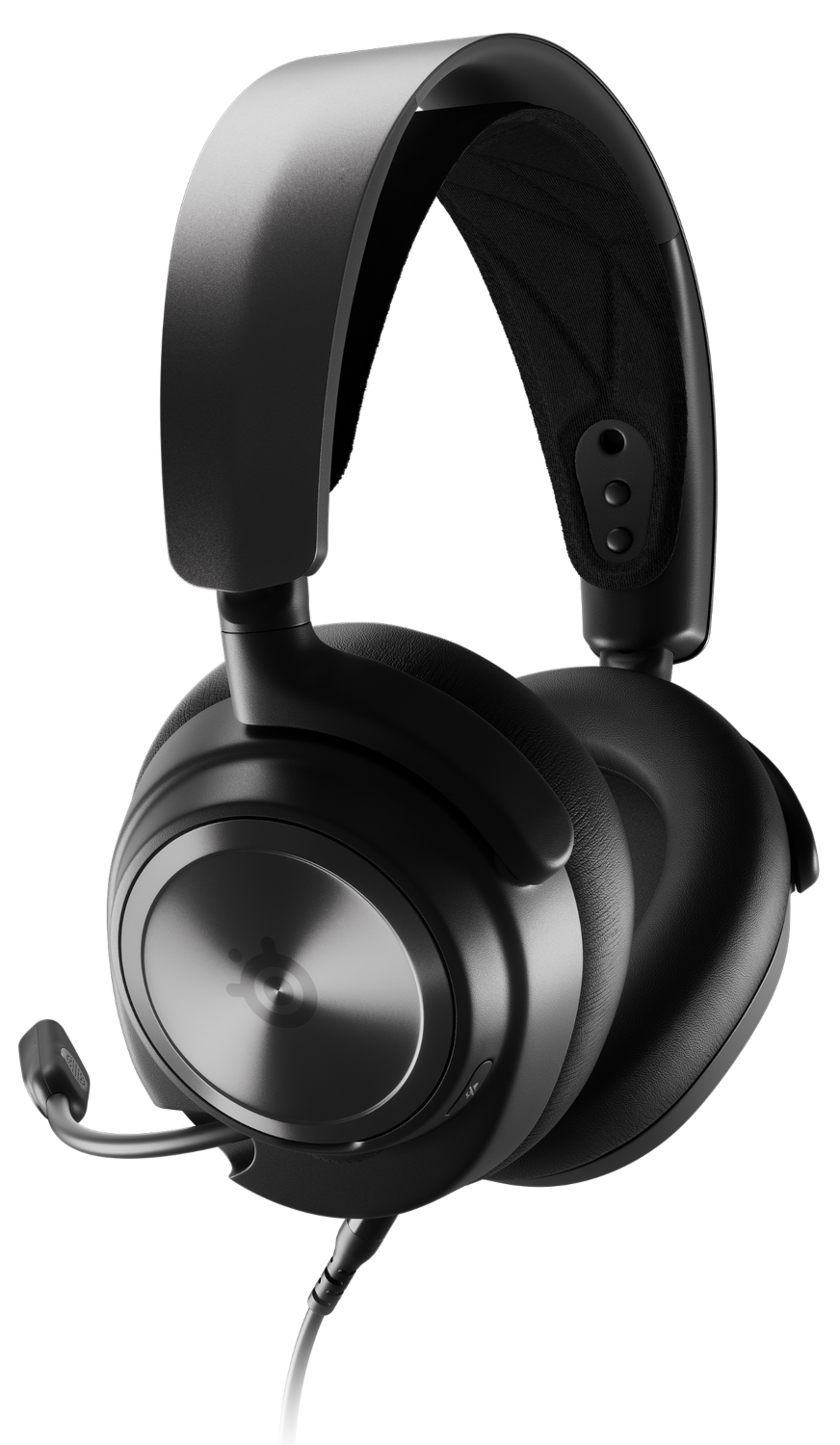 Fekete gaming headset mikrofonnal. A headset fekete háttéren van.