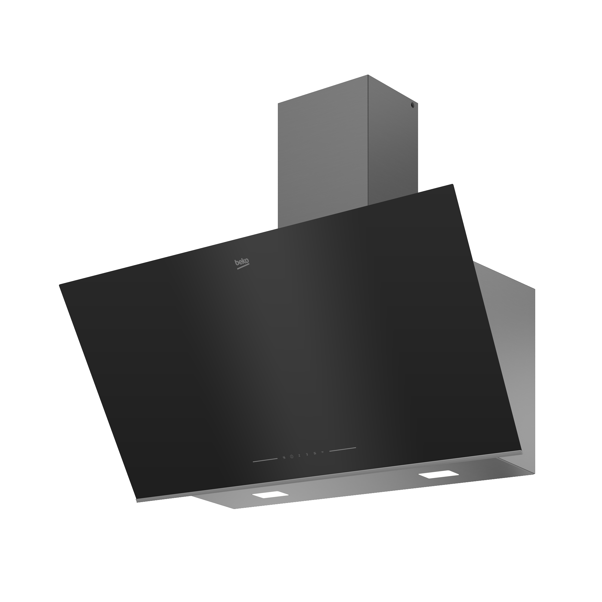 Eine moderne schwarze Dunstabzugshaube mit Lichtern und dem Beko-Logo.