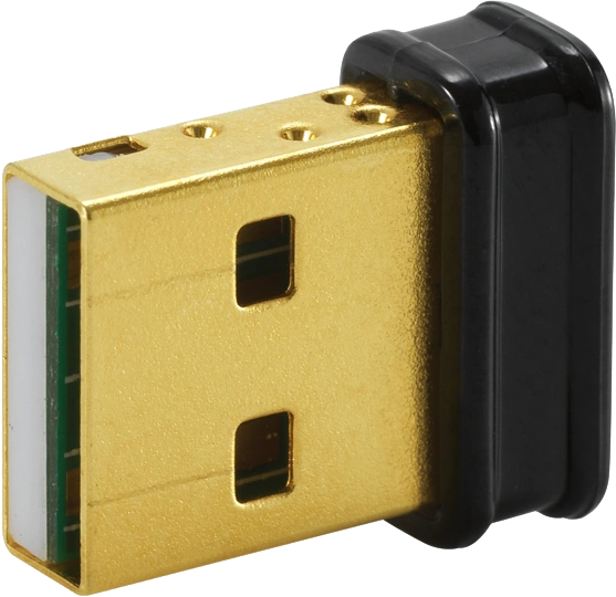 USB adapter with gold-colored metal and a black plastic connector. Close up view.
