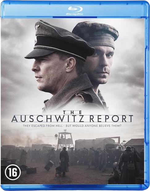 Een filmafbeelding met twee mannen in uniform, de titel is "The Auschwitz Report", een blauwe hoes.