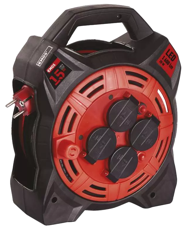EMOS Kültéri kábeldob, 4 aljzat, 15 méter fekete kábel, 3x1,5mm2, LED reflektor (P08215)