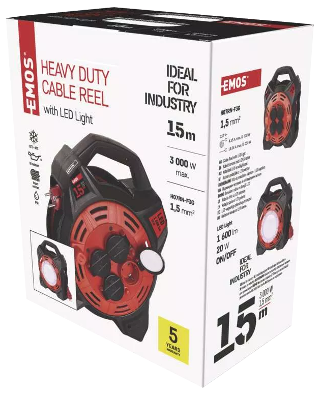 Egy doboz, melyben egy nagy teherbírású kábeldob van. Szöveg: 'Heavy Duty Cable Reel' és 'Ideal for Industry'.