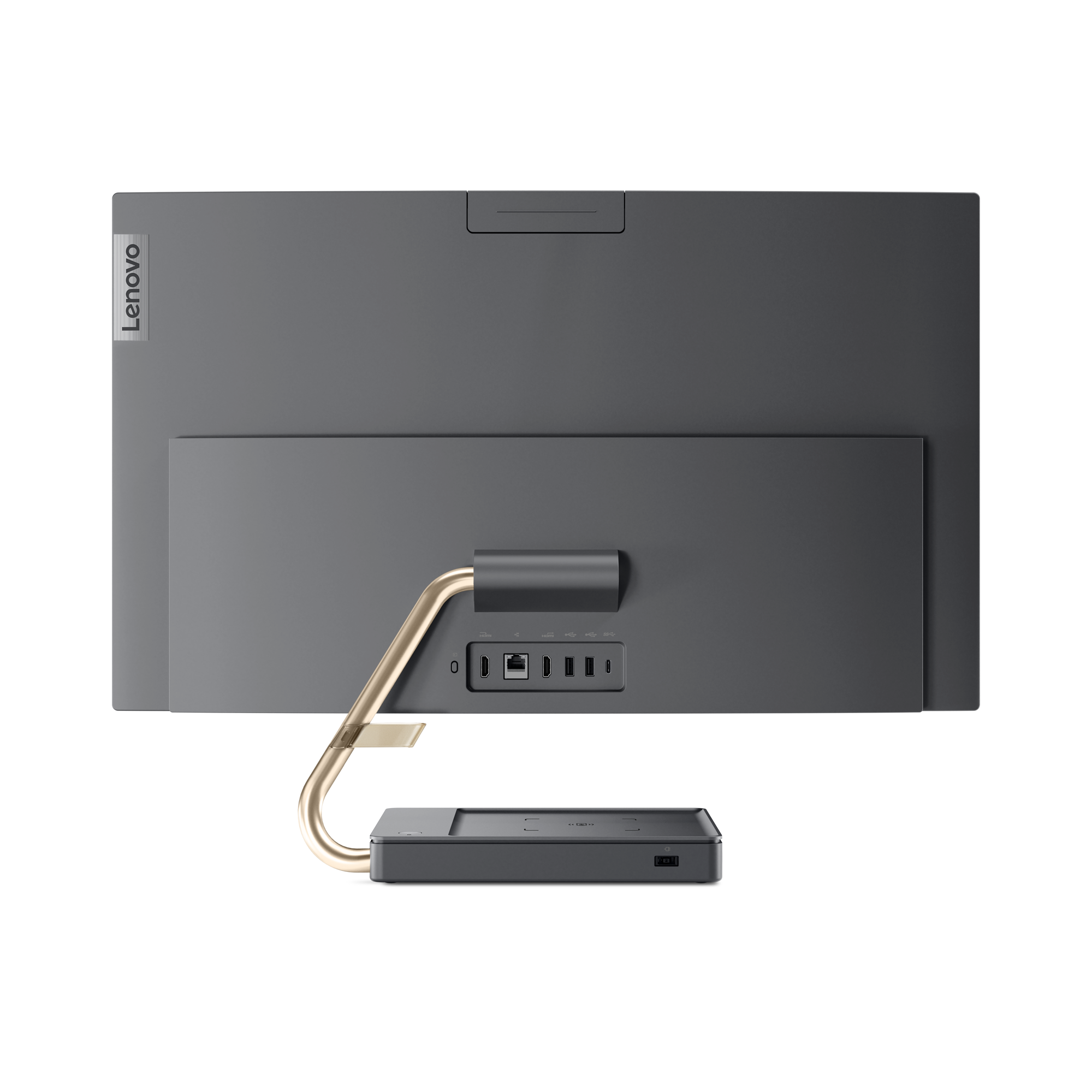 Rückansicht eines grauen Lenovo All-in-One-Computers mit Anschlüssen und Ständer.