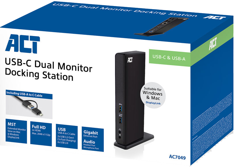 A box for a docking station with the words "USB-C Dual Monitor Docking Station".