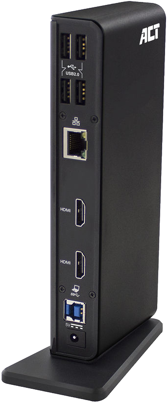 Black ACT docking station with multiple ports. USB, HDMI, and Ethernet ports are visible.