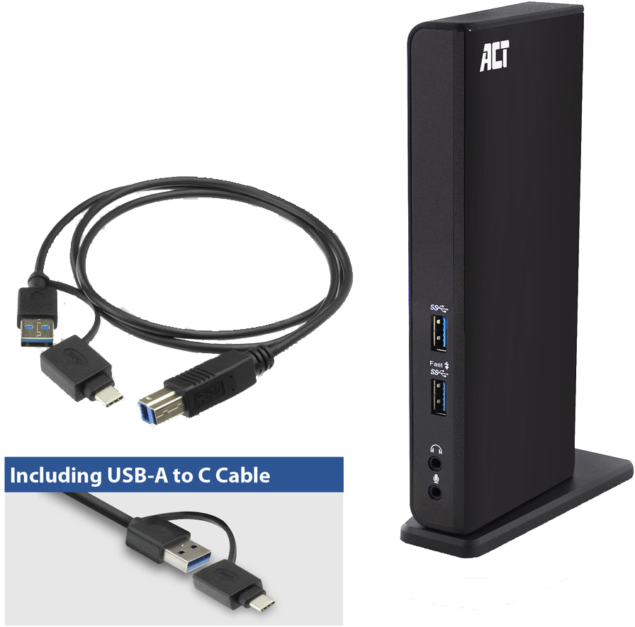 A black ACT USB docking station and USB-A to C cable. The station has USB and audio ports.