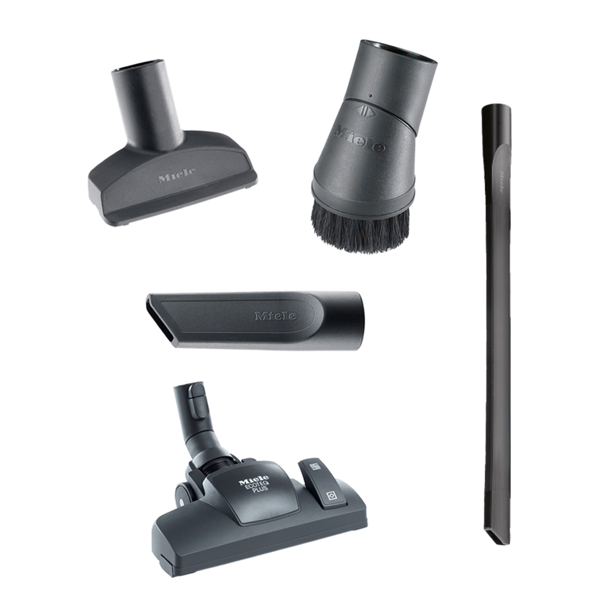 Miele vacuum cleaner attachments, including heads and a wand, arranged on a white surface.