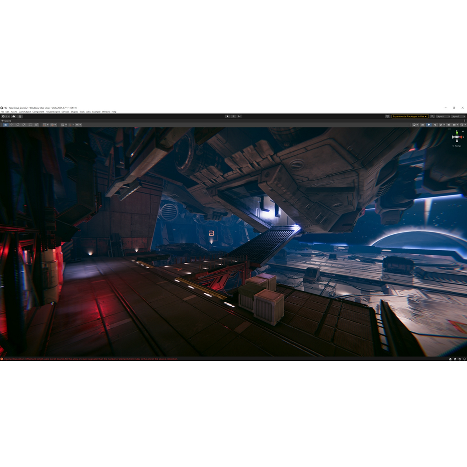 Una escena de videojuego con un interior de nave espacial, un puente y cajas.