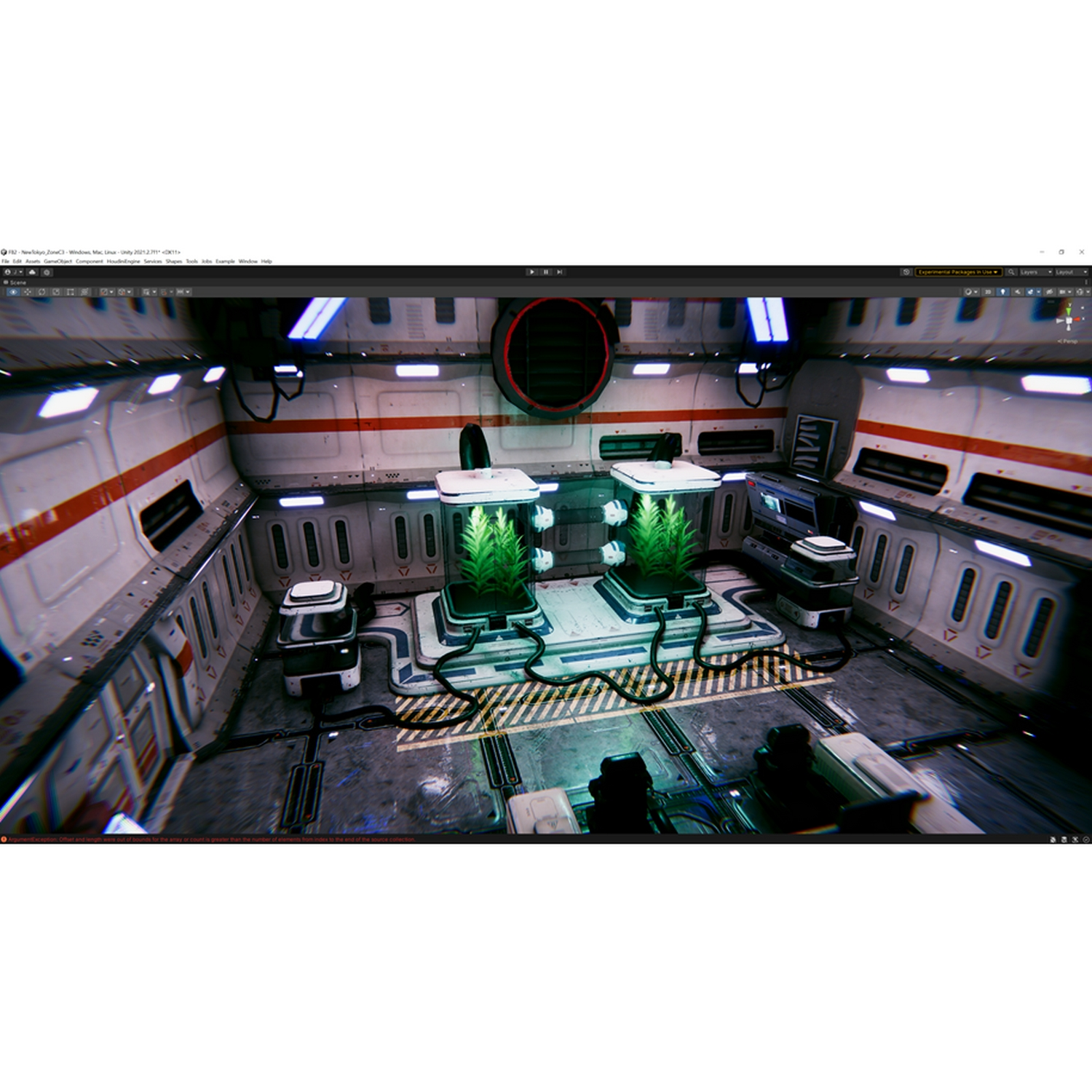 Interior de un laboratorio futurista con plantas y máquinas. Esquema de color blanco y naranja.