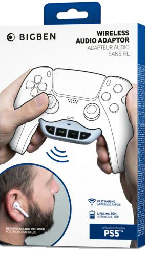 A box with a wireless audio adaptor for PS5. Man holding a white PS5 controller.