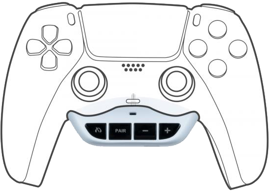 A white PS5 controller with a black accessory attached to it, featuring buttons and a microphone.