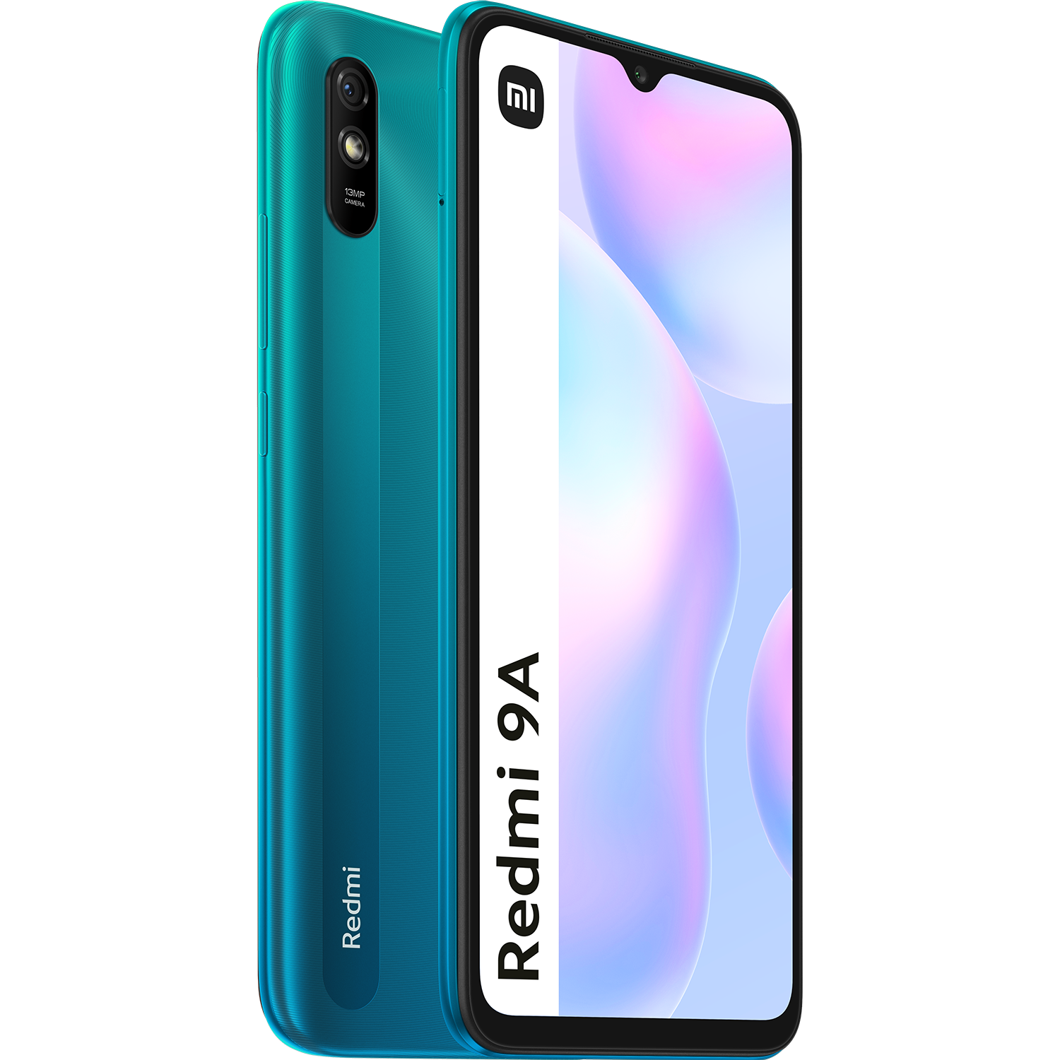 Un teléfono inteligente Redmi 9A turquesa, mostrando su parte trasera y delantera, con pantalla negra.