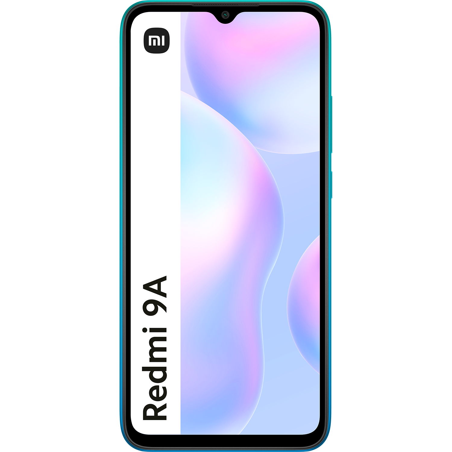 Smartphone Redmi 9A. Un teléfono turquesa con pantalla grande, mostrando un fondo de pantalla abstracto.