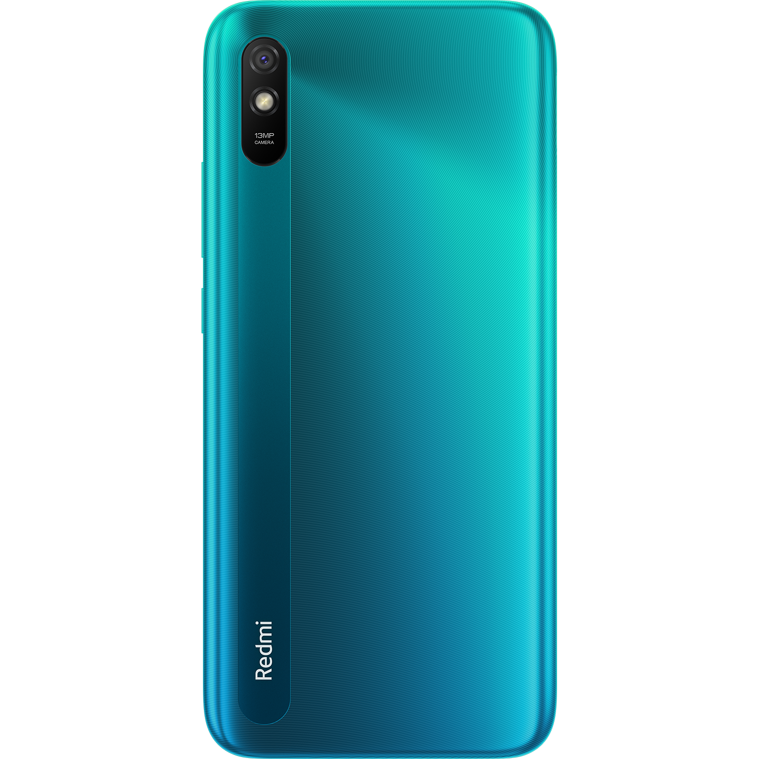 Un teléfono inteligente turquesa con cámara dual y el logotipo de Redmi sobre fondo negro.