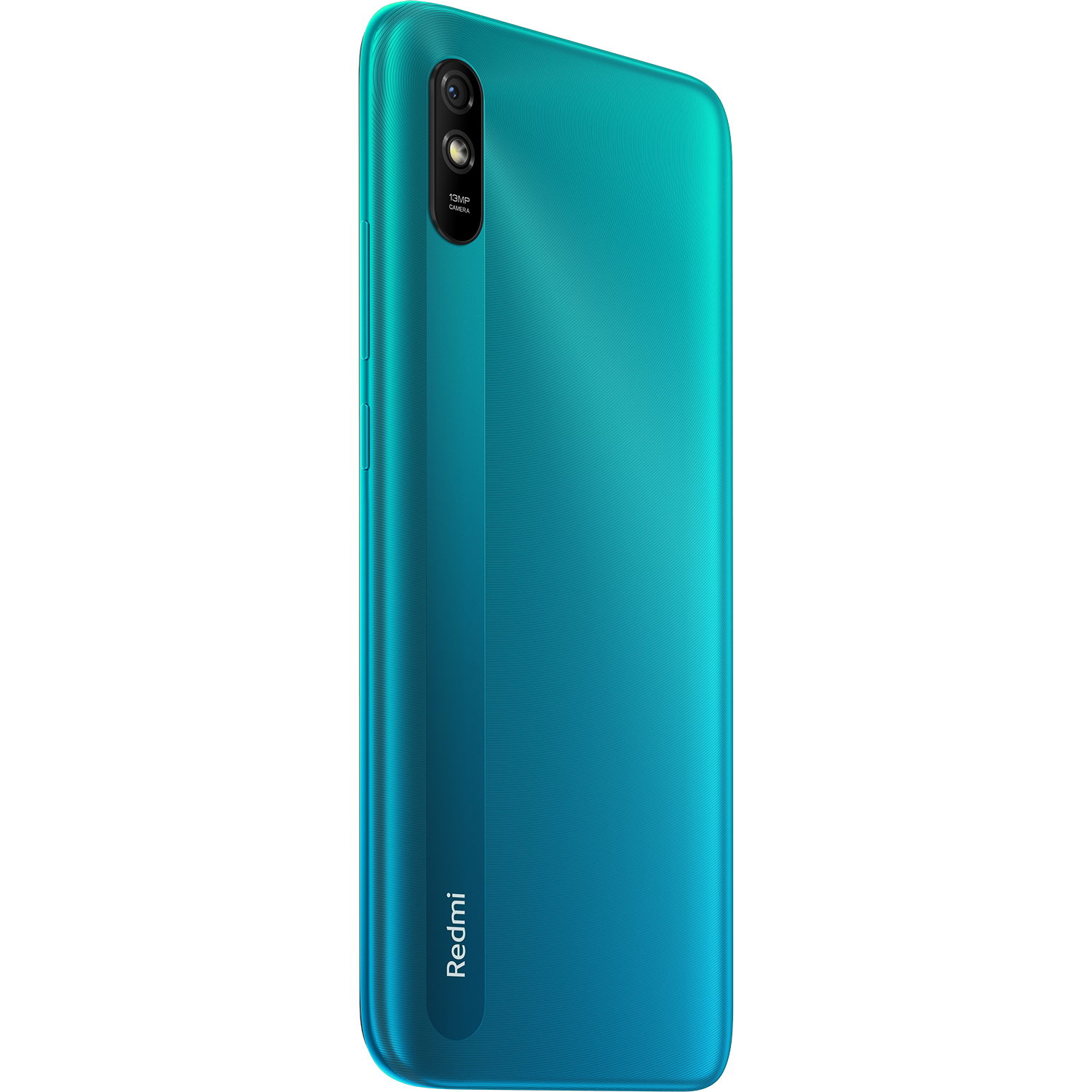 Smartphone turquesa con cámara. Se muestra la parte trasera del teléfono.