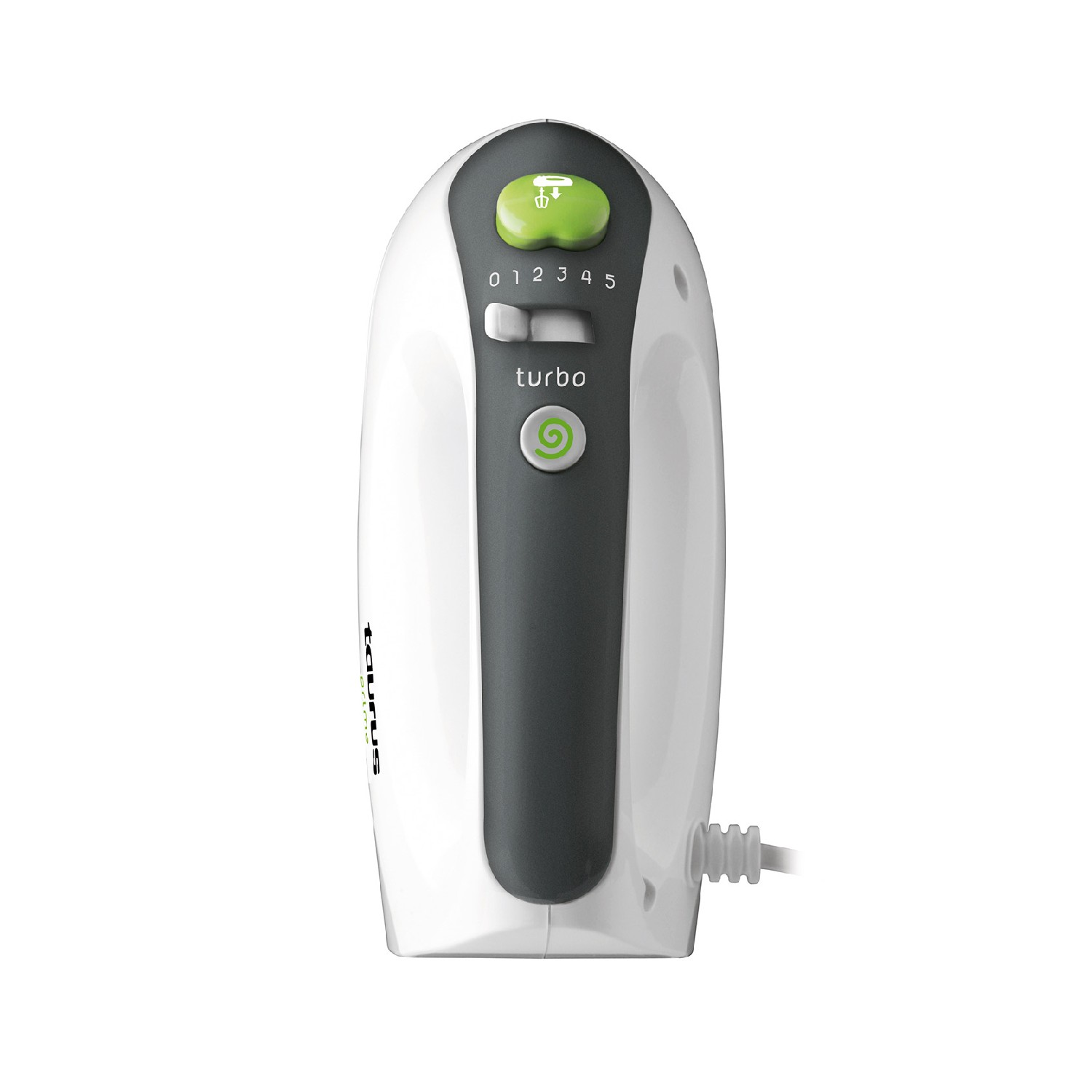 Batidora de mano blanca y gris con un botón turbo verde. Tiene configuraciones de velocidad de 0-5.