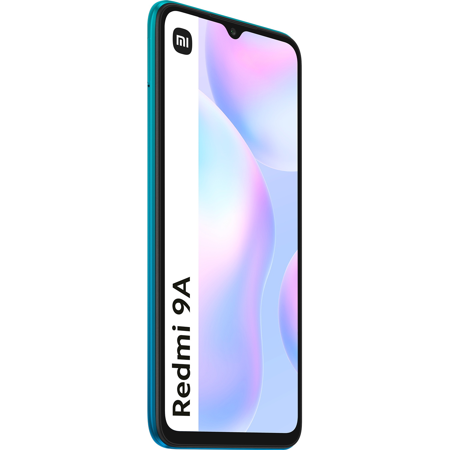 Teléfono turquesa con pantalla grande, modelo Redmi 9A visible en el lateral.