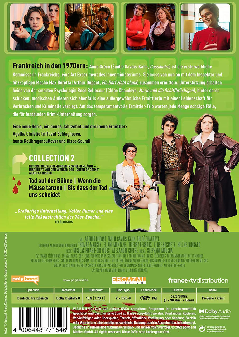 Die Rückseite einer französischen DVD mit farbenfrohen Bildern und Text über eine Detektivshow.