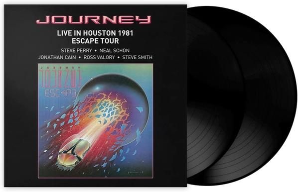 Journey Albumcover mit Vinyls. Schwarzer Hintergrund mit Bandname und Albumtitel. Zwei Schallplatten.