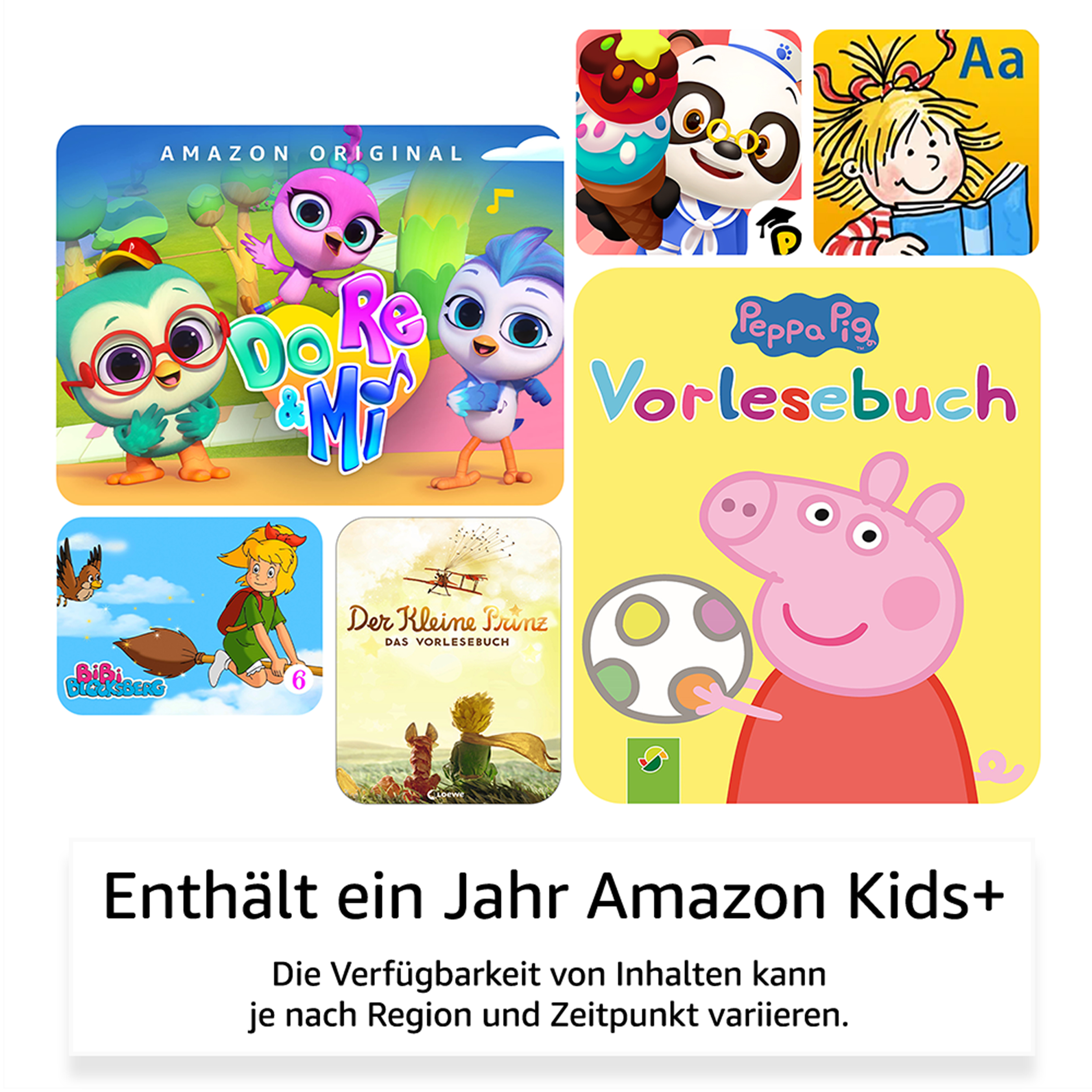 Verschiedene Kinderbuchumschläge. Amazon Kids+ Logo und Text auf Deutsch.