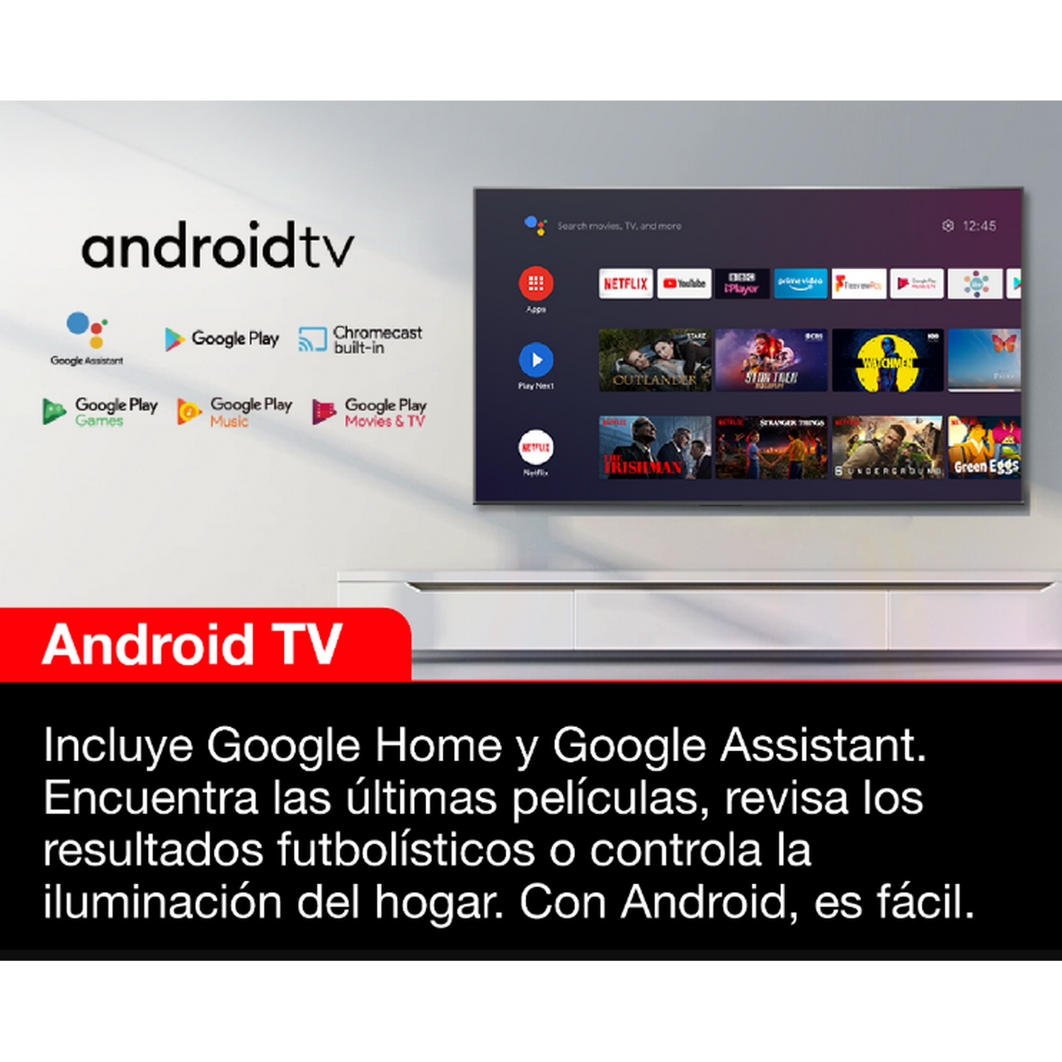 Pantalla de Android TV con aplicaciones mostradas, texto en español debajo.