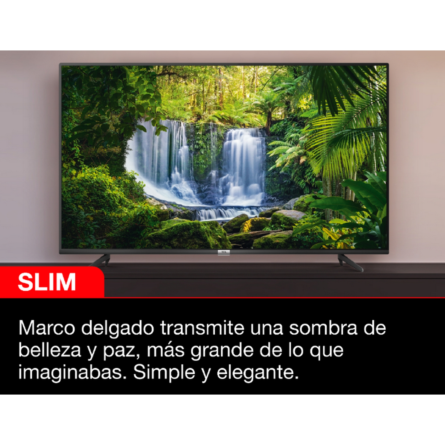 Una pantalla de TV que muestra una escena de cascada, con texto SLIM.