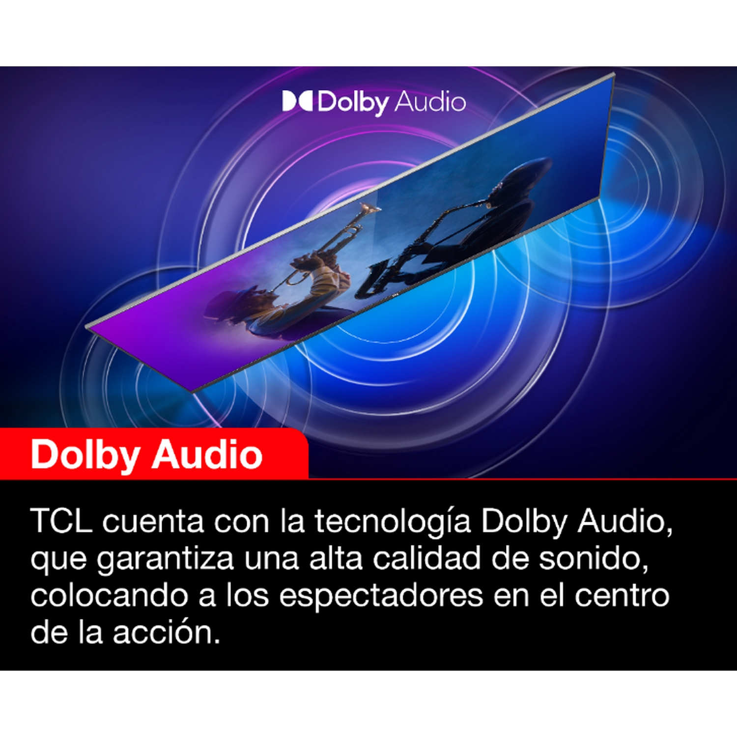 Pantalla de televisión con un logotipo de Dolby Audio. La pantalla muestra una escena de concierto.