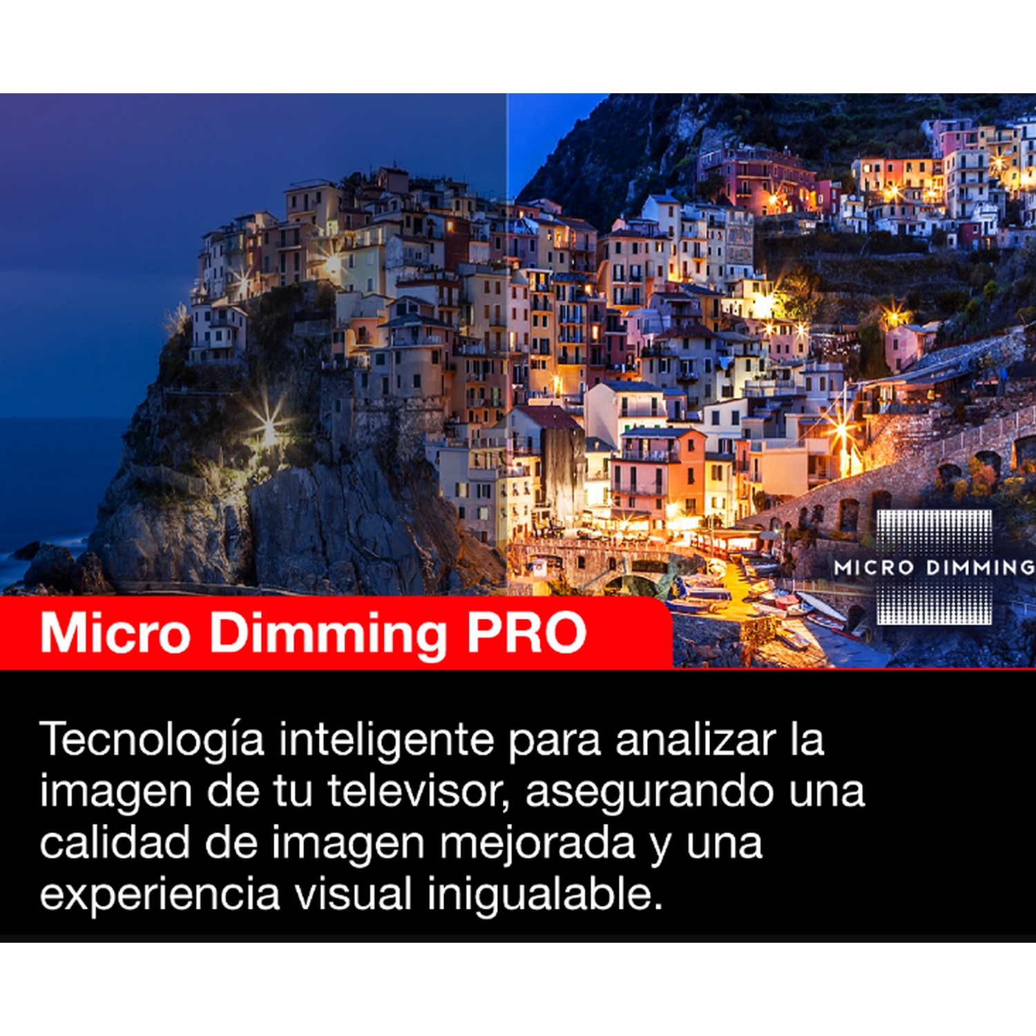 Una imagen dividida que muestra una escena costera nocturna y un texto sobre la tecnología Micro Dimming PRO.