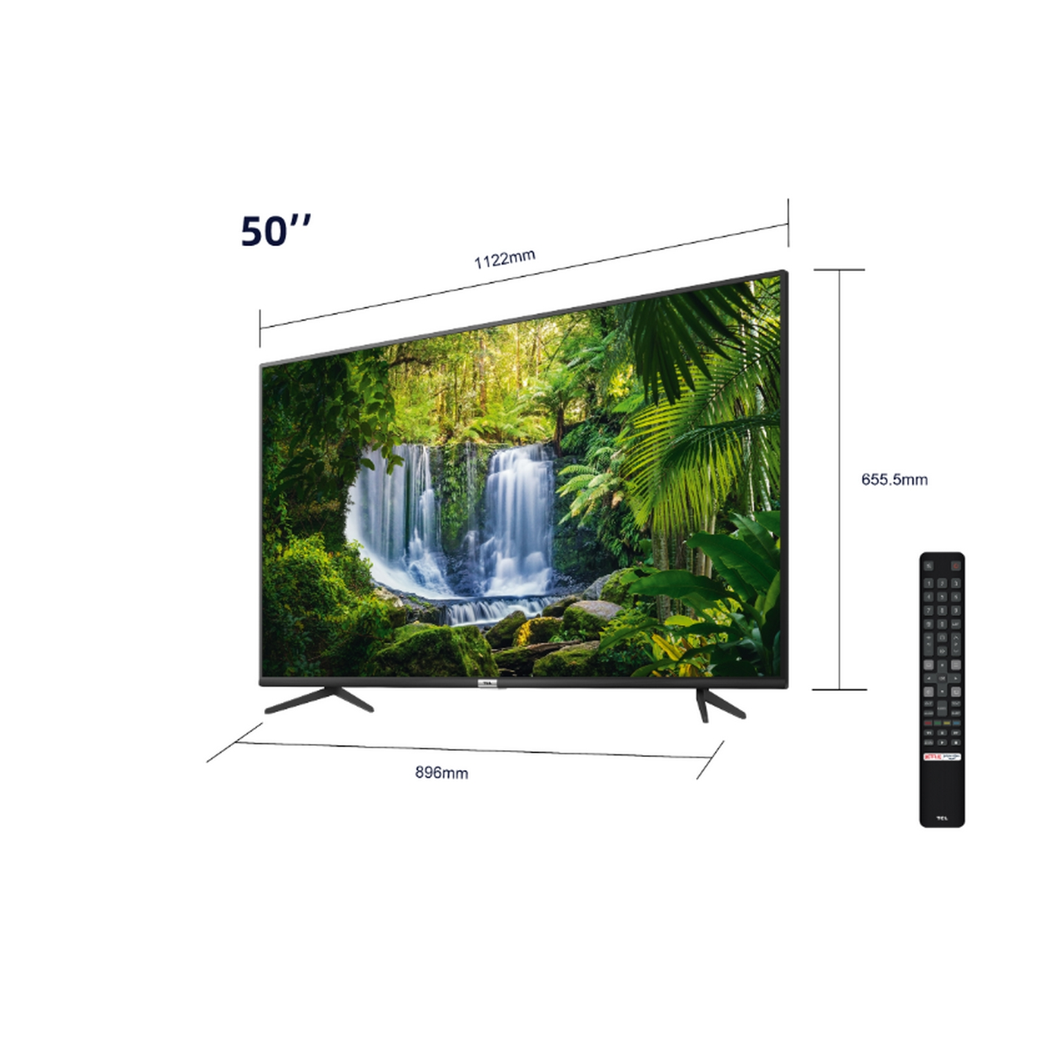 Televisor de 50 pulgadas con escena de jungla, mando a distancia y dimensiones indicadas.