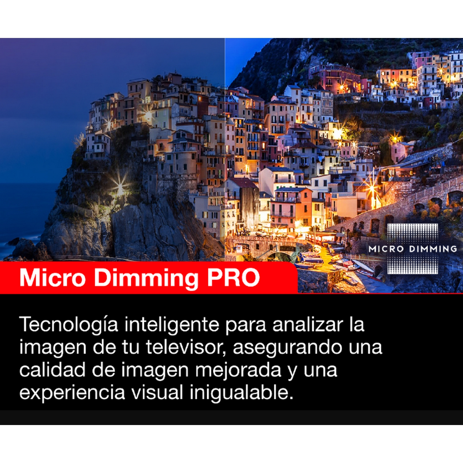 Una imagen panorámica de un pueblo en un acantilado por la noche. Texto que promociona Micro Dimming PRO superpuesto.