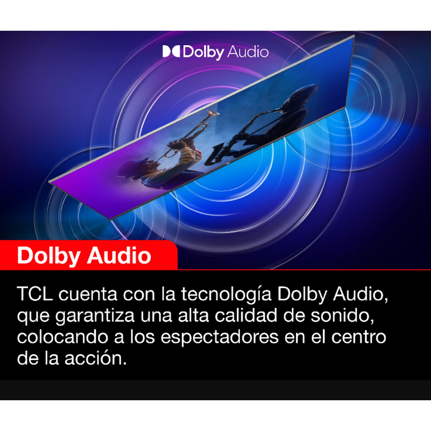 Una pantalla de TV que muestra una escena con gente tocando música, con la marca y el texto de Dolby Audio.