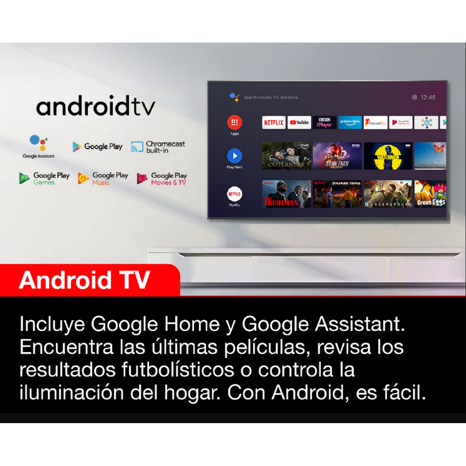 Un televisor blanco que muestra la interfaz de Android TV, con texto sobre funciones de Google.