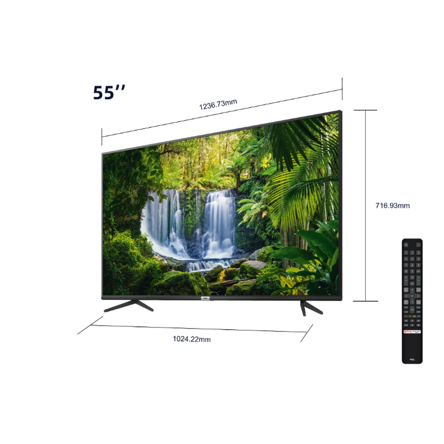 Televisor de 55 pulgadas con dimensiones. Escena de cascada en pantalla, mando a distancia al lado.