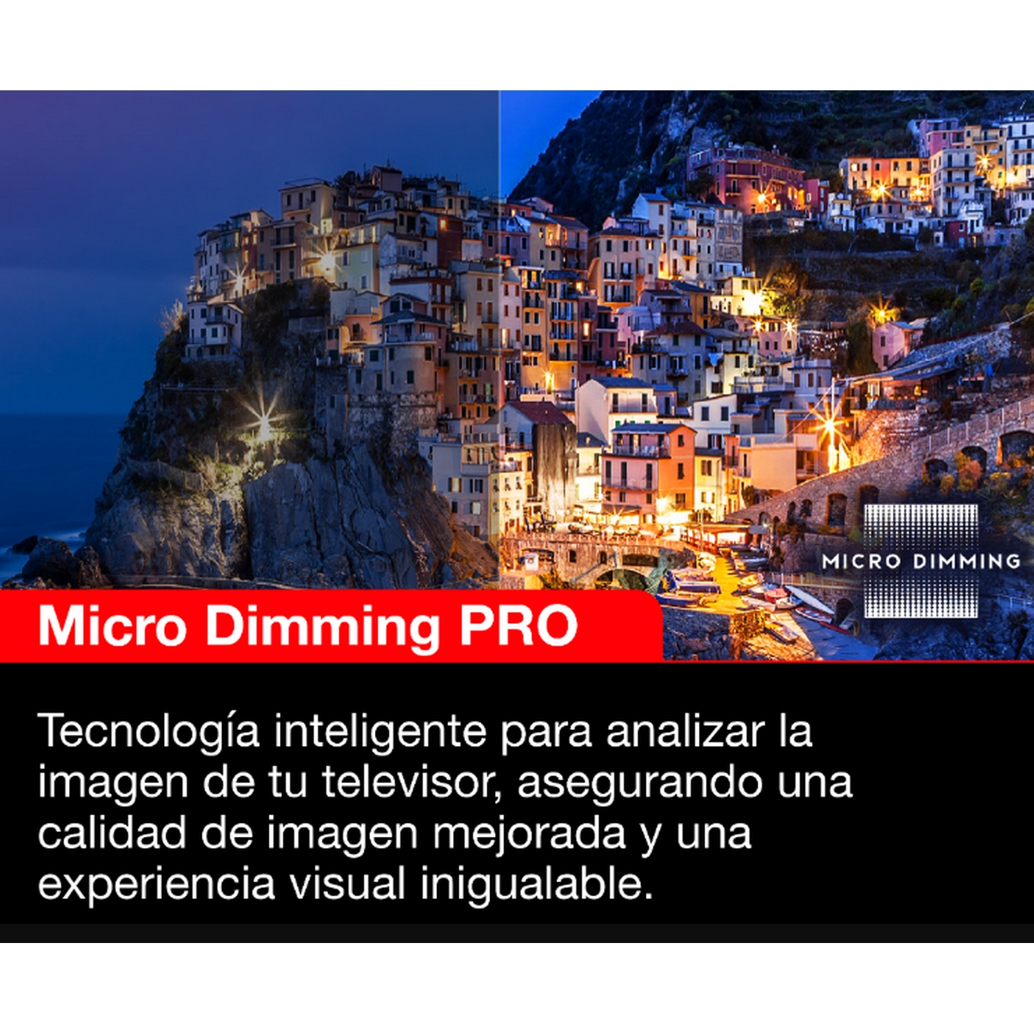 Imagen que compara dos escenas: ciudad nocturna con texto y descripción de Micro Dimming PRO en español.