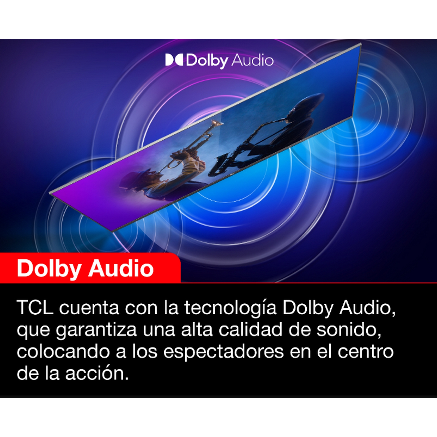 Una pantalla de televisión con la marca Dolby Audio y publicidad.