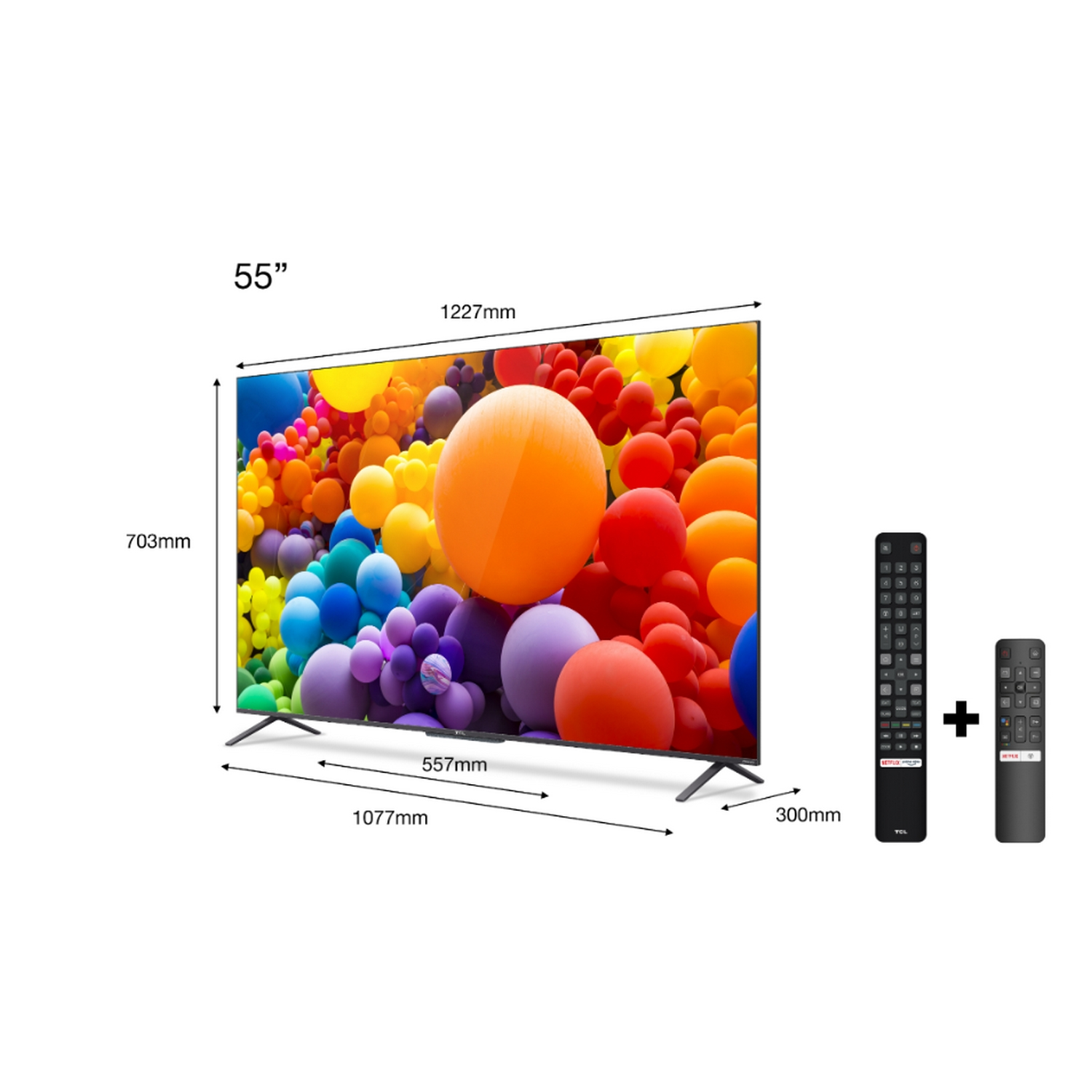 Un televisor de 55 pulgadas con una pantalla colorida, dos mandos a distancia y dimensiones en pantalla.