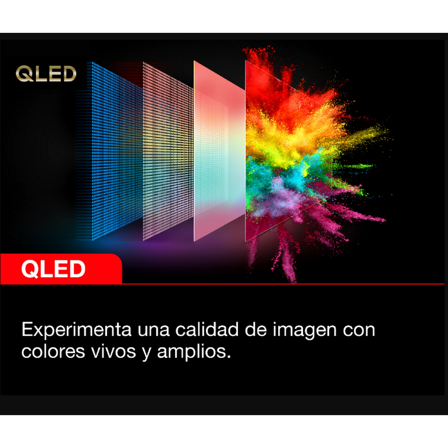 TV QLED con pantalla colorida. Logotipo QLED en la esquina. Texto: Experimenta la calidad de imagen con colores vivos.