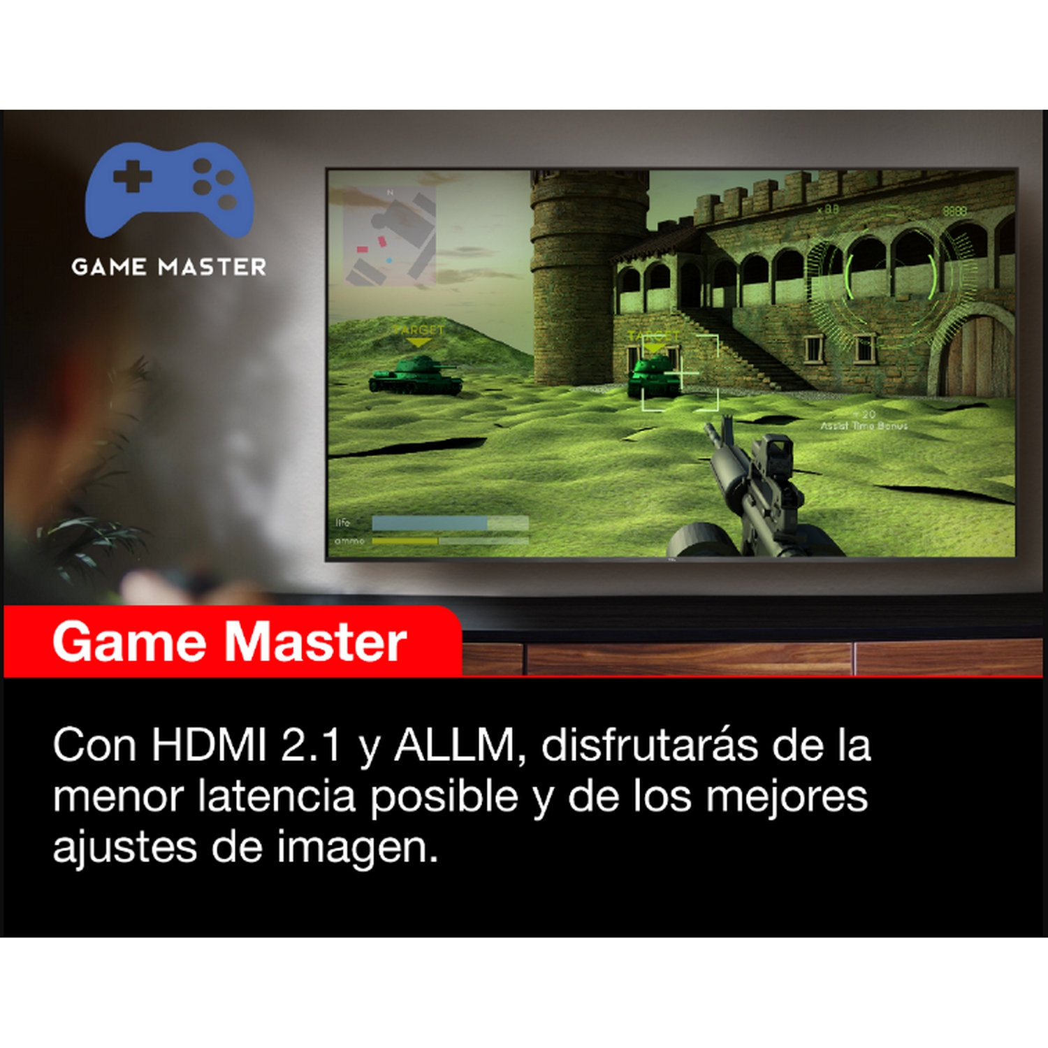 Pantalla Game Master muestra escena de juego con tanques. Texto: HDMI 2.1 y ALLM para imagen.