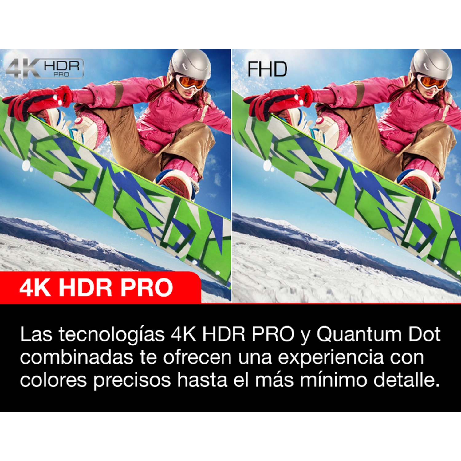 Un snowboarder con chaqueta rosa en el aire, etiquetas 4K HDR PRO y FHD presentes.