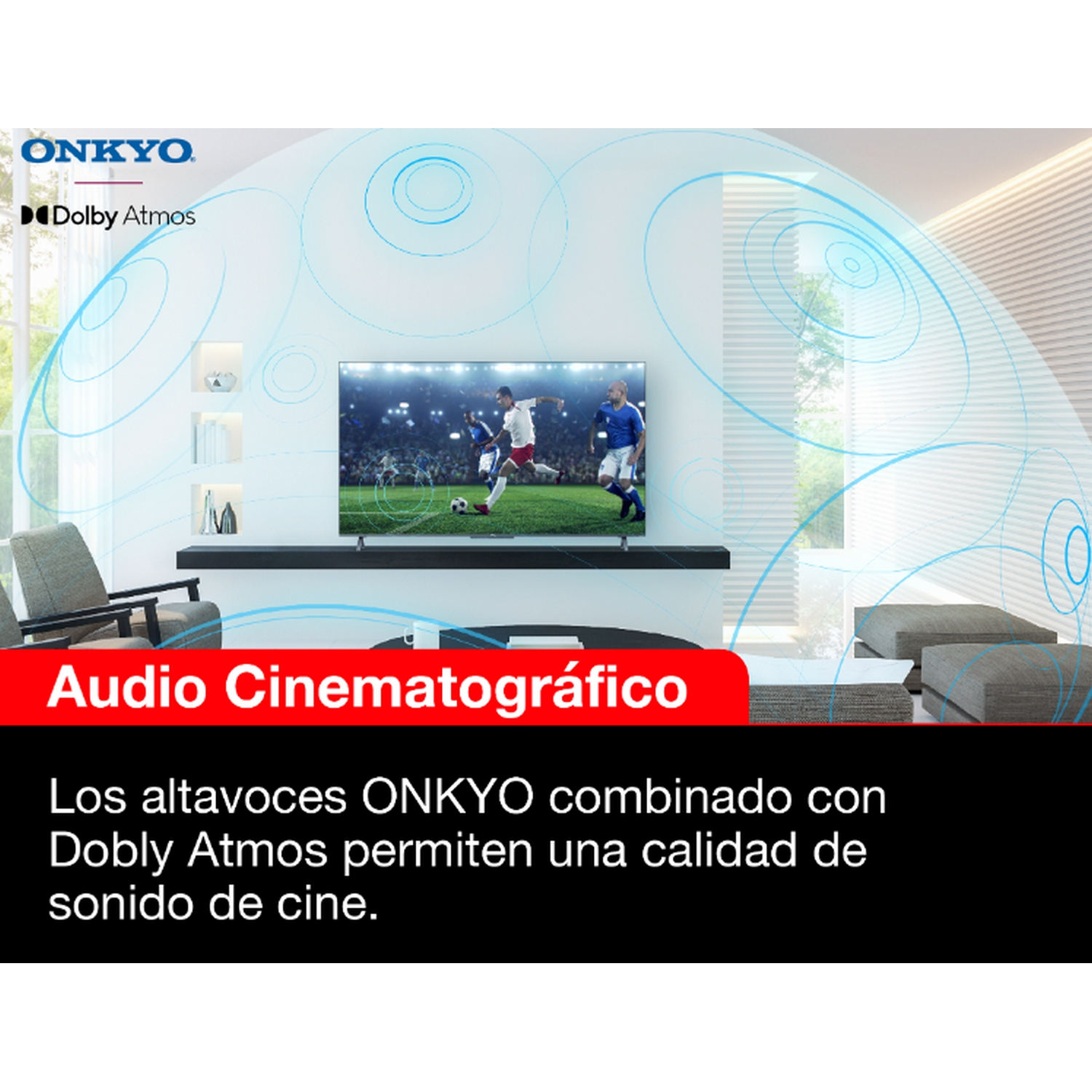 Pantalla de TV muestra un partido de fútbol. Texto en español: 'Audio Cinematográfico'.