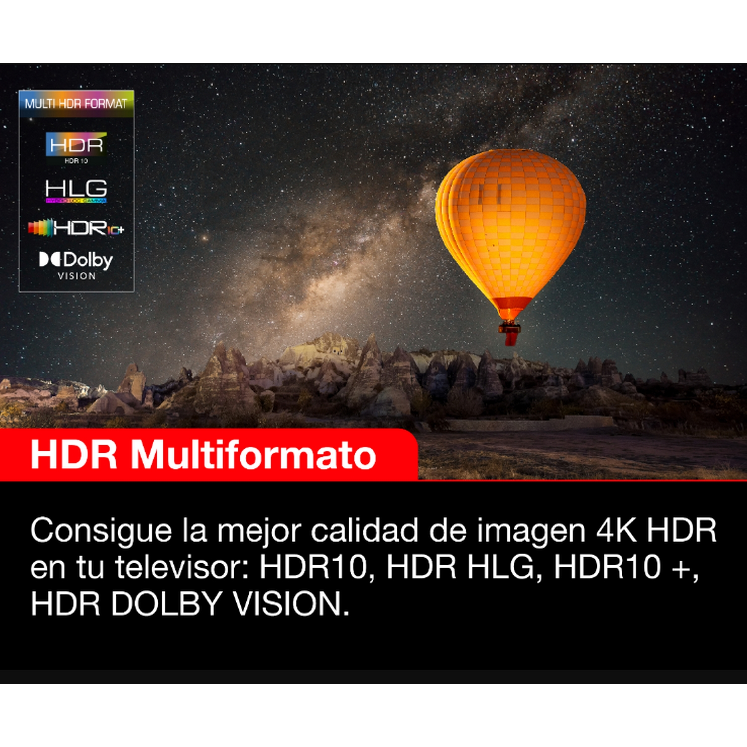 Imagen muestra funciones multiformato HDR con globo aerostático sobre cielo estrellado.