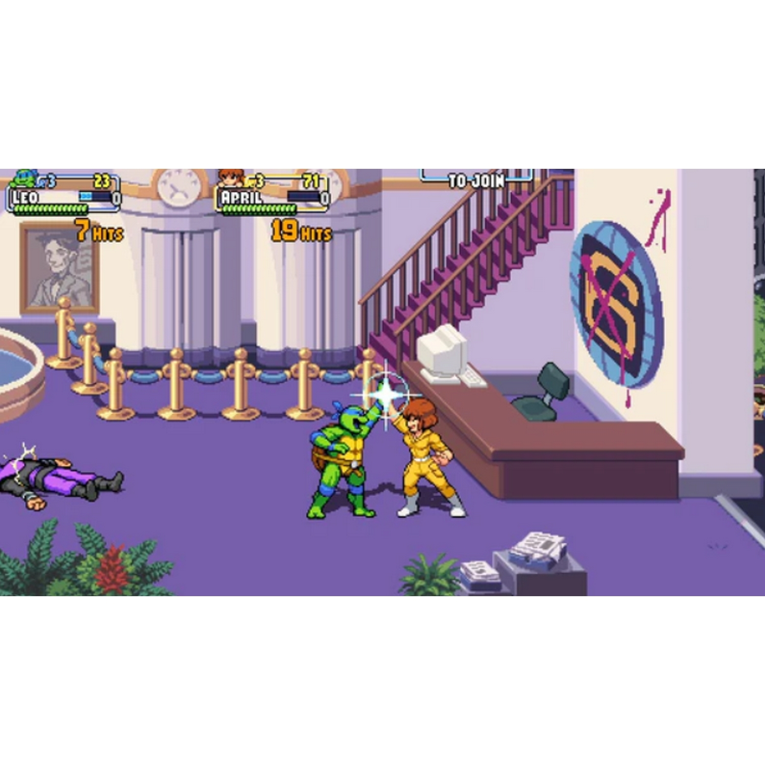 Una escena de videojuego pixelada con dos personajes luchando. Una barra está encima de ellos.