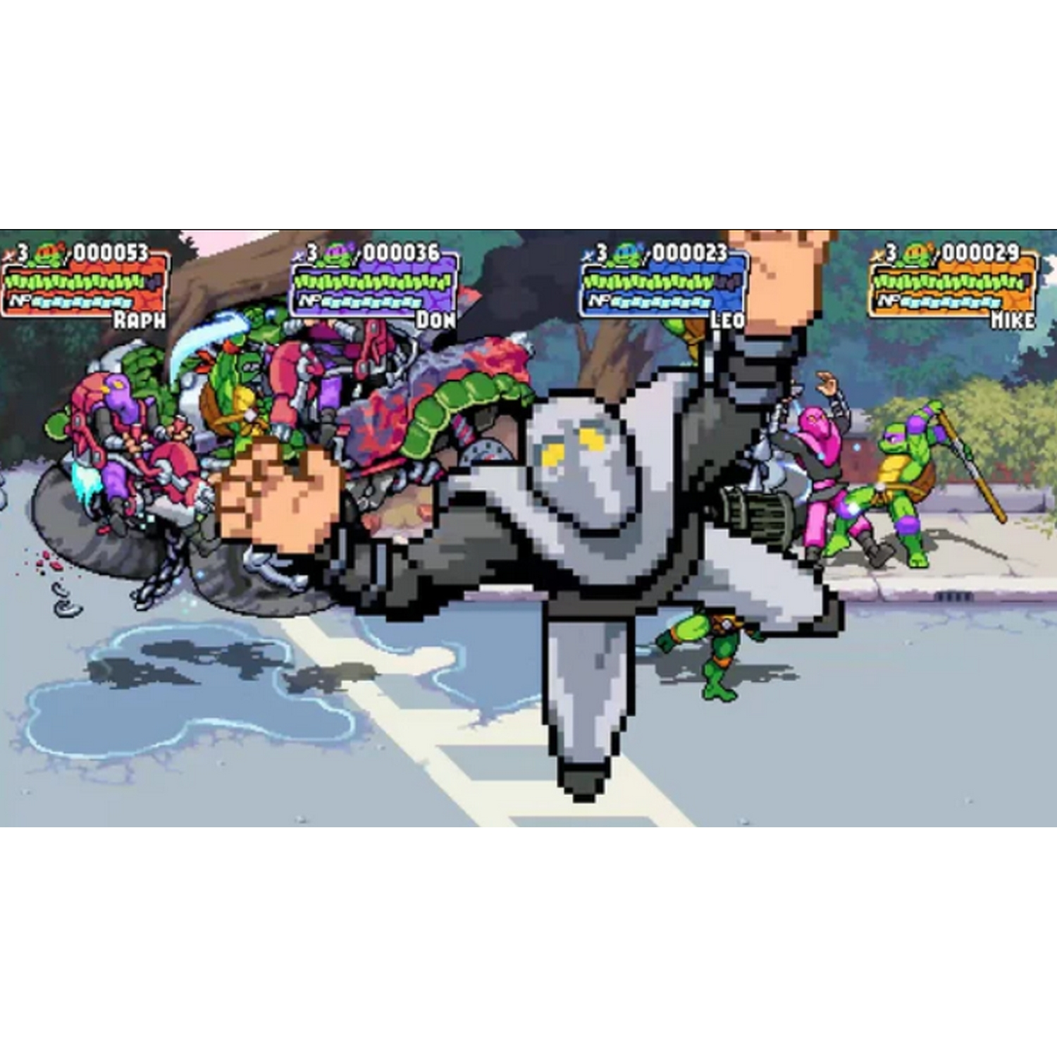 Una imagen pixelada de un videojuego de las Tortugas Ninja.