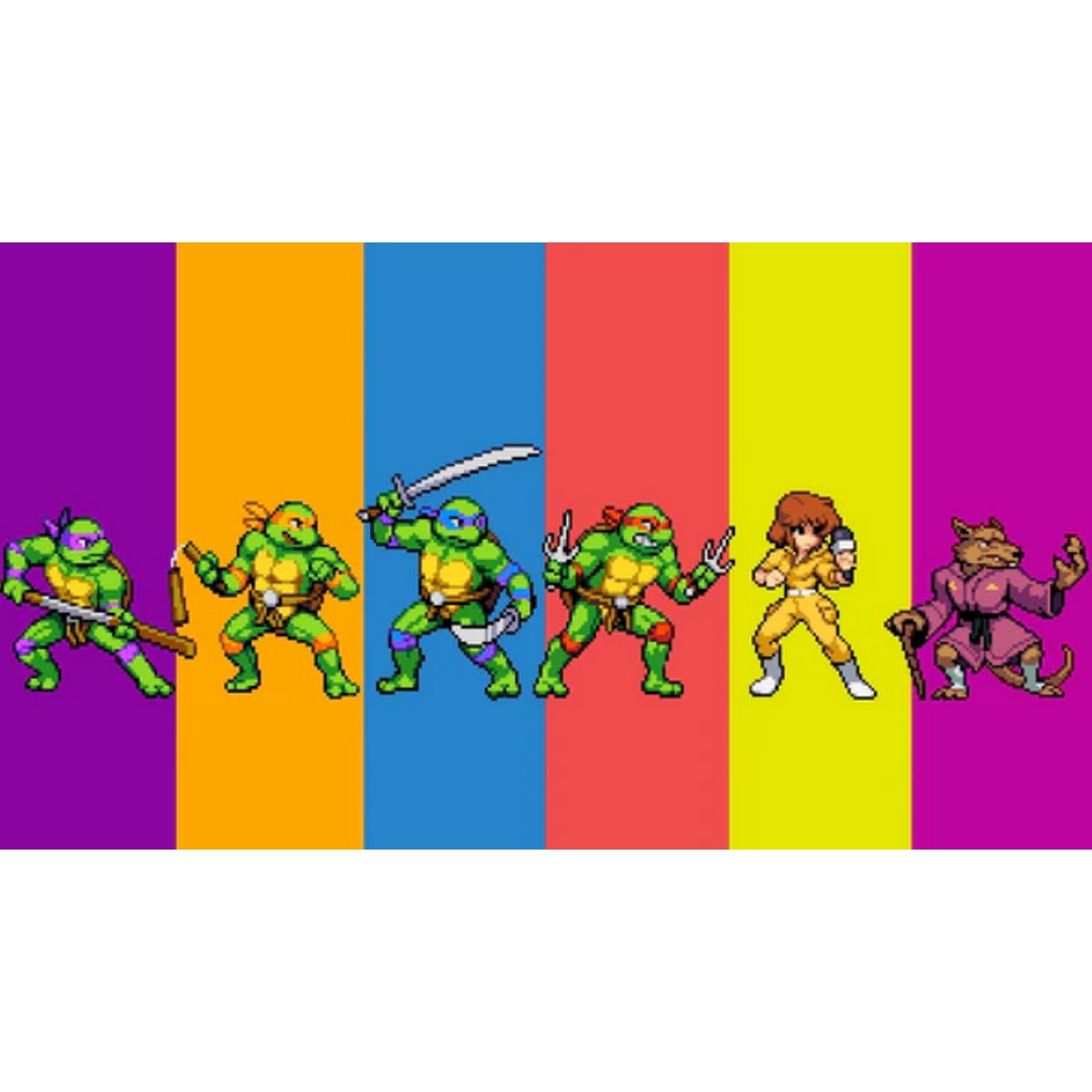 Imagen pixelada de las Tortugas Ninja, April O'Neil y Splinter sobre tiras de colores.